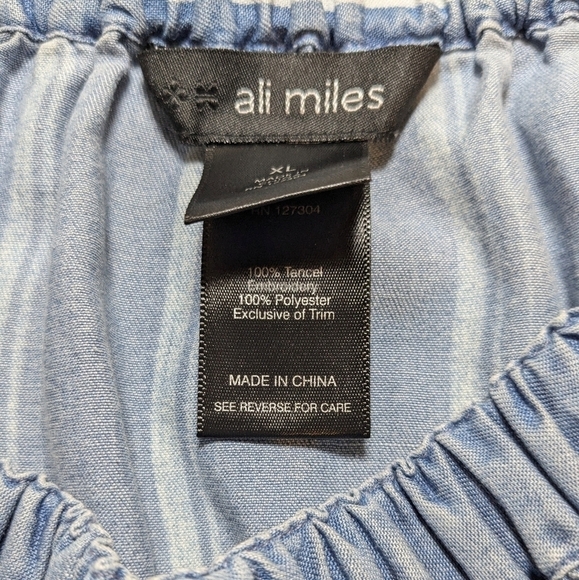 Ali Miles Blue Stripe Floral Embroidered Tie Detail 100% Tencel Tunic Bohemian - Picture 9 of 10